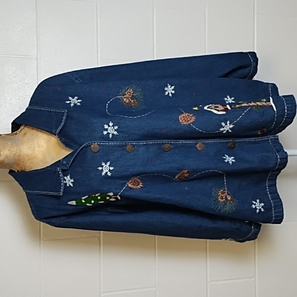 NorthCrest Winter Denim Barn Coat Chore Jacket Embroidery Appliques 26/28 - Picture 1 of 12